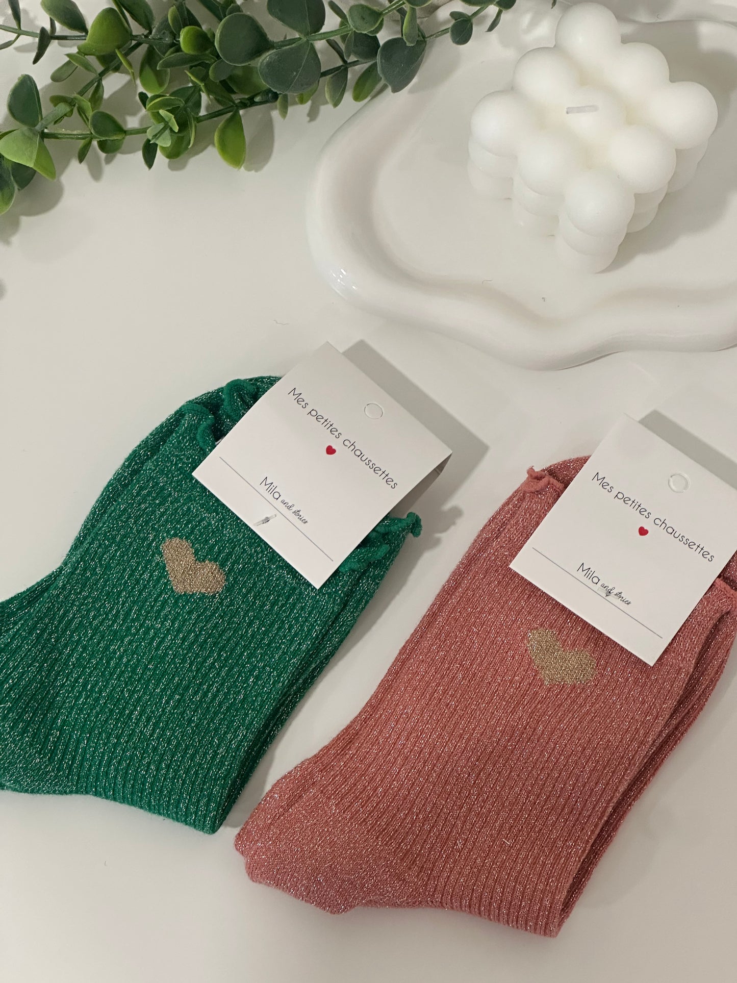 CHAUSSETTES À PAILLETTES COEUR - Rose