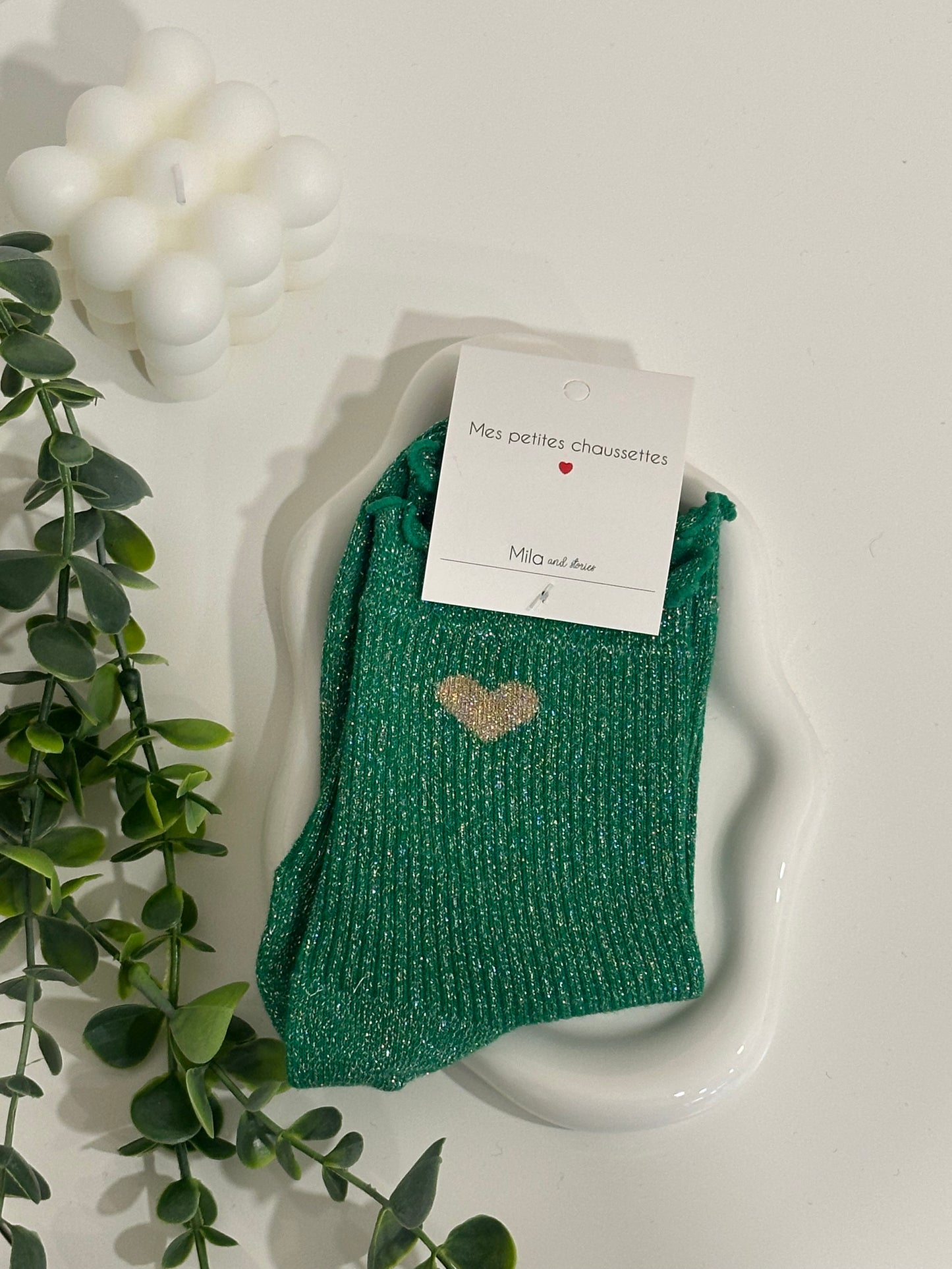 CHAUSSETTES À PAILLETTES COEUR - Verte