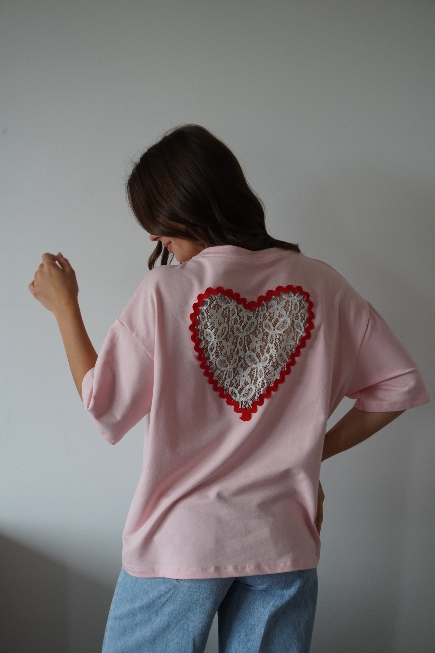 T-SHIRT CŒUR DENTELLE ROSE