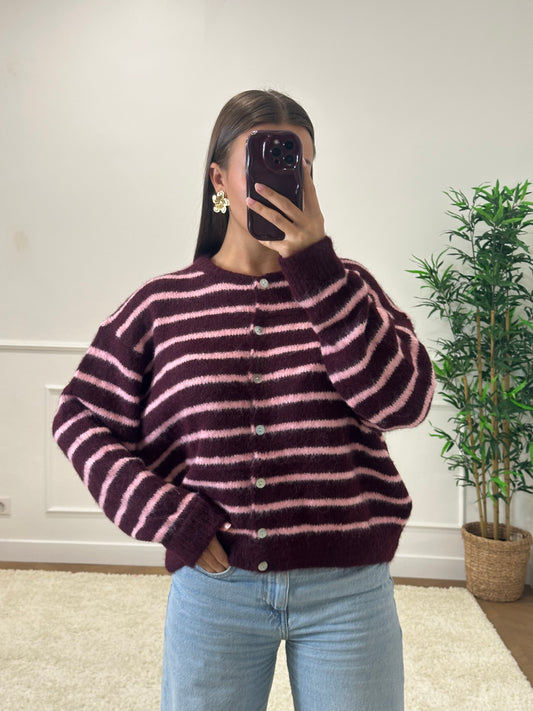 CARDIGAN LÉO RAYÉ BORDEAUX & ROSE ⚠️ PRÉCOMMANDE - expédition 05/11 ⚠️