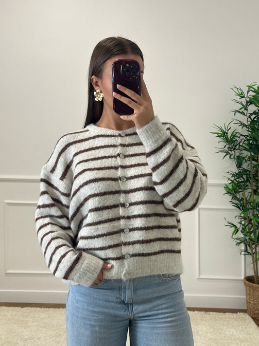 CARDIGAN LÉO RAYÉ BEIGE & CHOCO ⚠️ PRECOMANDE - expédition 03/11 ⚠️
